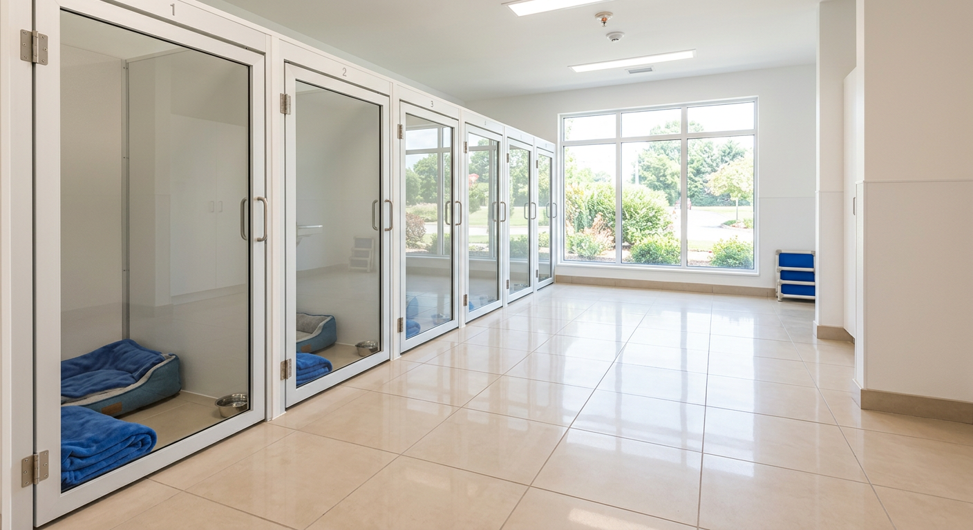 Bright boarding room with kennel suites, blue blankets and cushioned beds