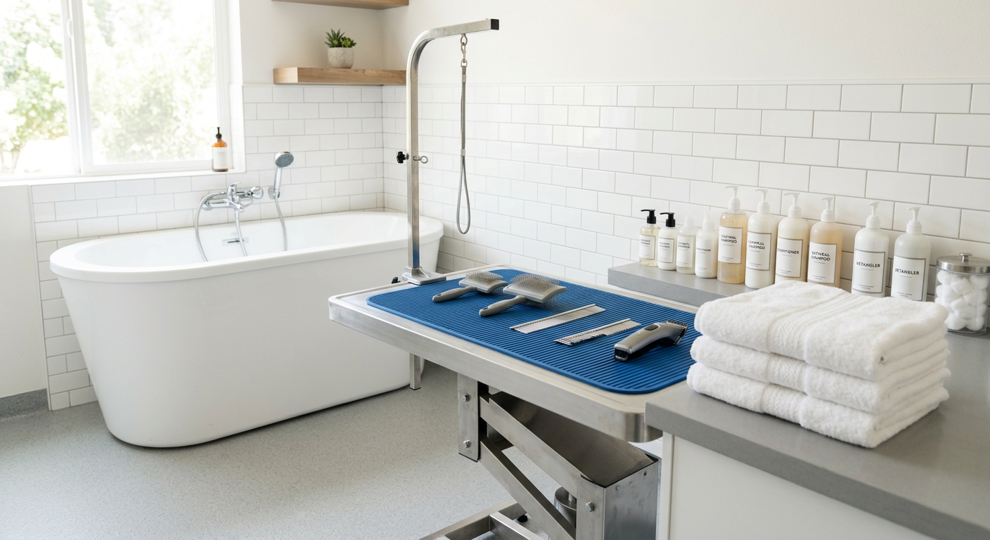 Pet grooming station with a steel table, folded towels, brushes and shampoo bottles