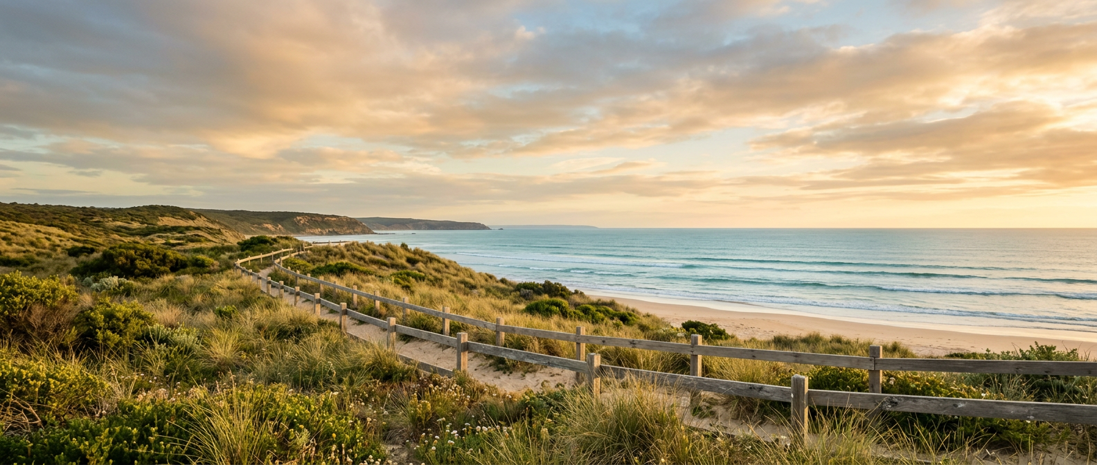 Grassy coastal dunes and a timber fence beside a calm sea at golden hour